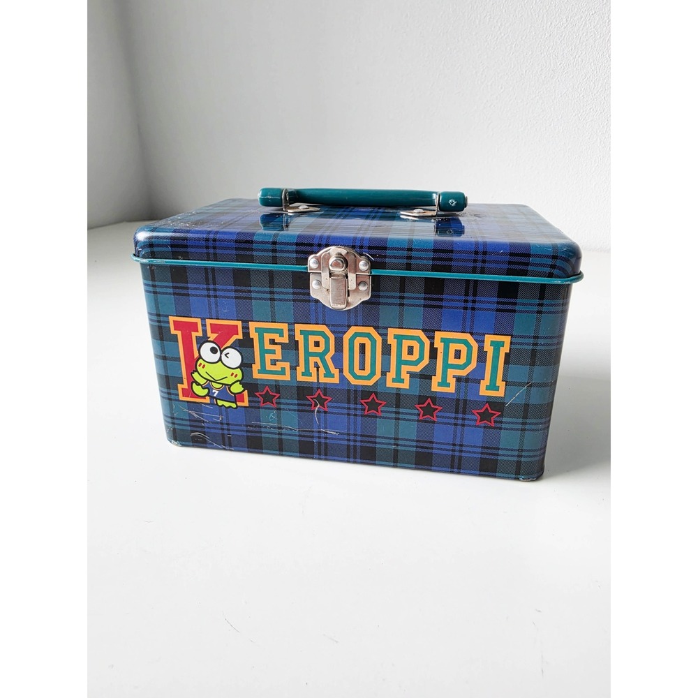 Vintage Sanrio Keroppi Blue Plaid Metal Lunch Box Storage Tin with Handle